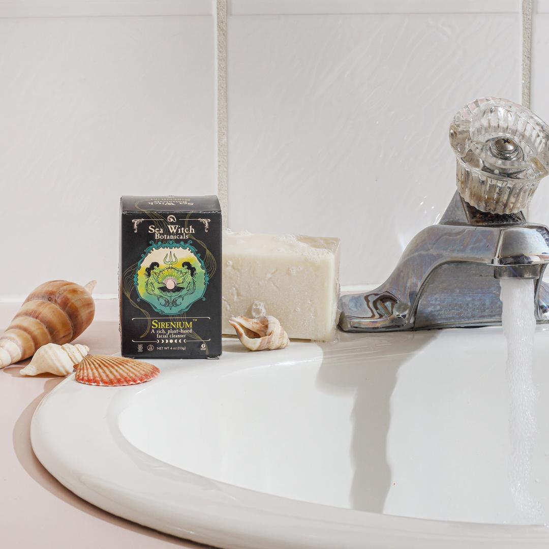 Sea Wash bar of soap on a bathroom counter with box.